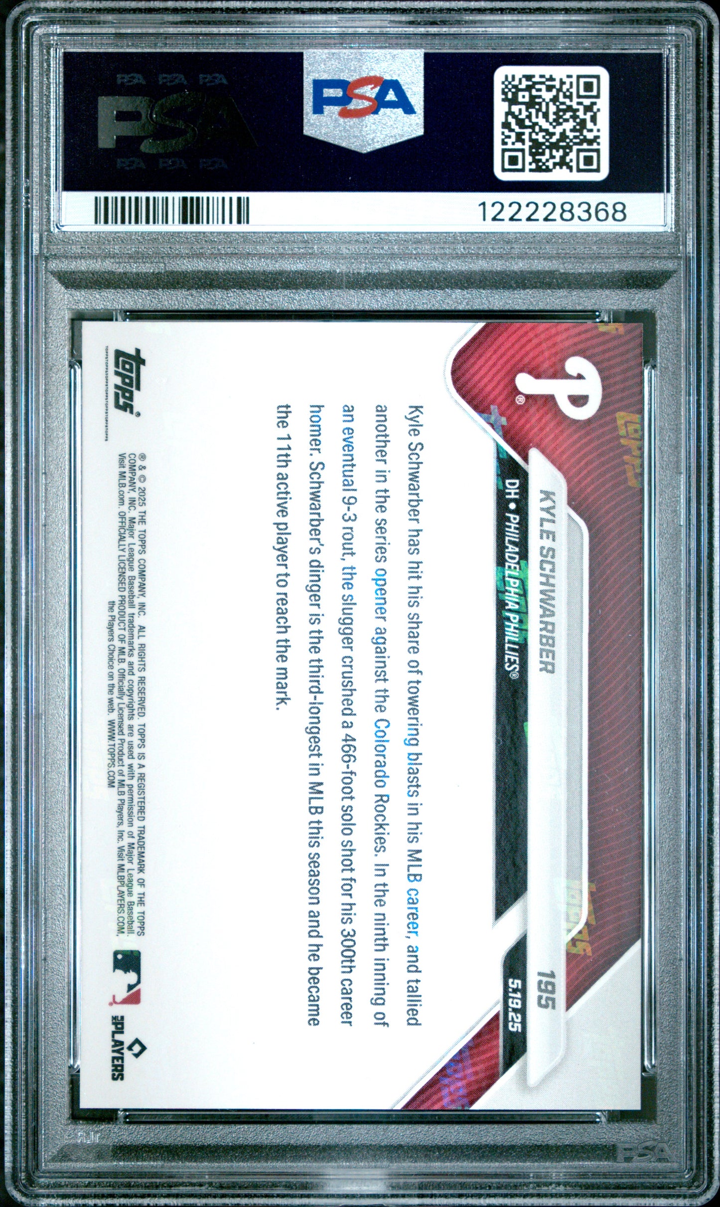 Graded 2025 Topps Now Kyle Schwarber #195 Baseball Card PSA 9 Mint