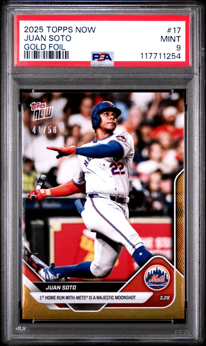 Graded 2025 Topps Now Juan Soto #17 Gold Foil /50 Baseball Card PSA 9 Mint