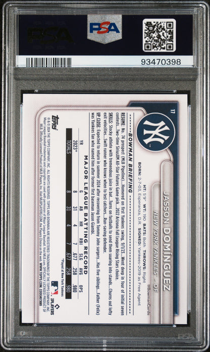Graded 2024 Topps Bowman Jasson Dominguez #17 Rookie RC Baseball Card PSA 10 Gem Mint