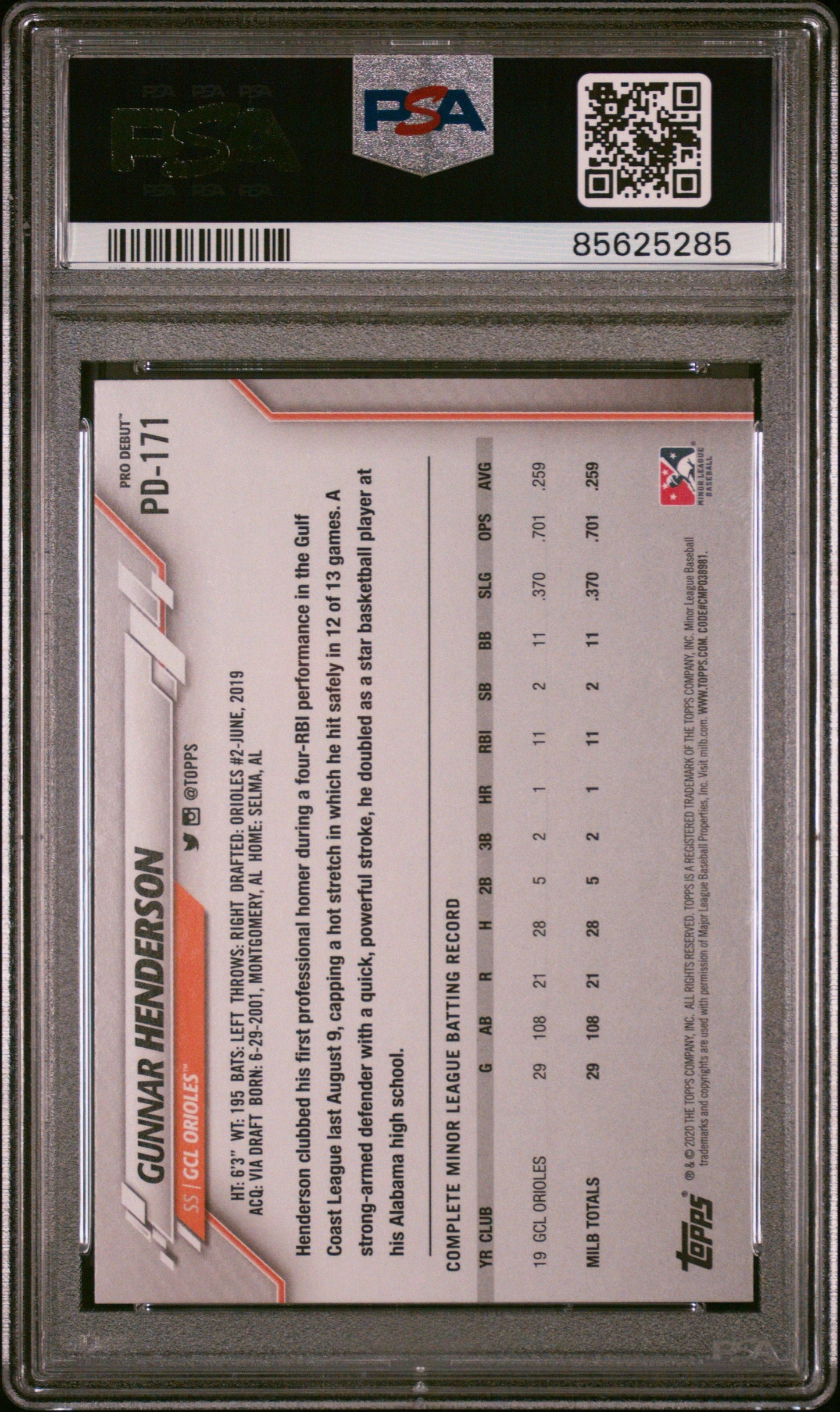 Graded 2020 Topps Pro Debut Gunnar Henderson #PD171 Rookie RC Baseball Card PSA 10 Gem Mint