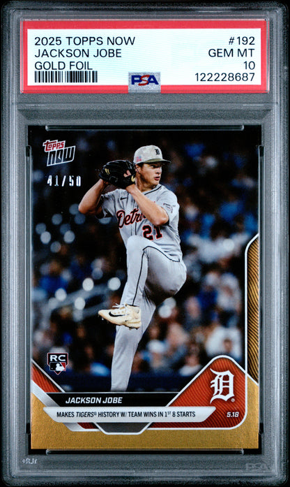 Graded 2025 Topps Now Jackson Jobe #192 Gold Foil /50 Rookie RC Baseball Card PSA 10 Gem Mint