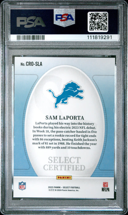 Graded 2023 Panini Select Sam LaPorta #CROSLA Certified Rookies Rookie RC Football Card PSA 10 Gem Mint