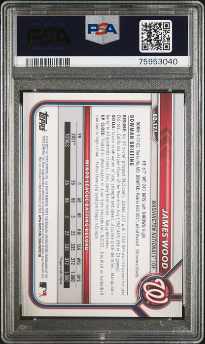 Graded 2022 Topps Bowman Draft 1st Ed James Wood #171 Rookie RC Baseball Card PSA 10 Gem Mint