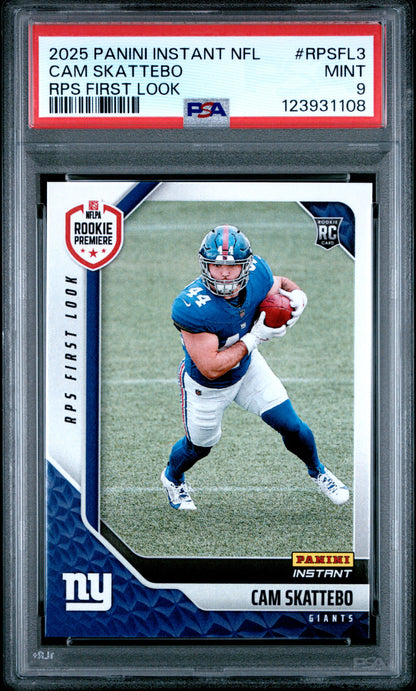 Graded 2025 Panini Instant Cam Skattebo #RPSFL3 RPS First Look Rookie RC Football Card PSA 9 Mint