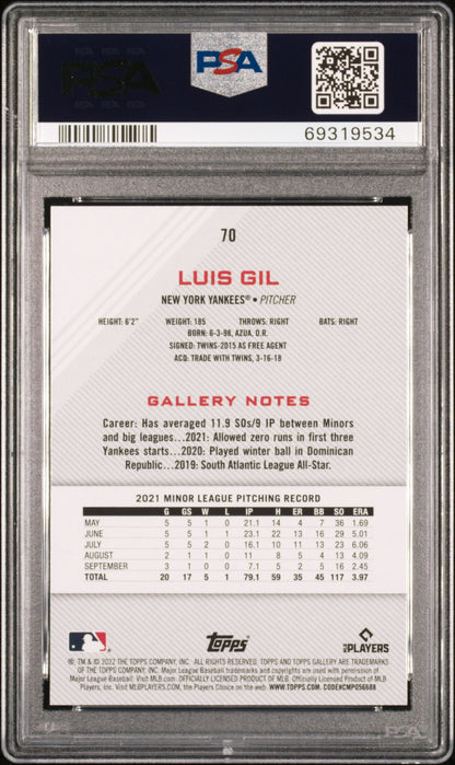 Graded 2022 Topps Gallery Luis Gil #70 Rookie RC Baseball Card PSA 10 Gem Mint