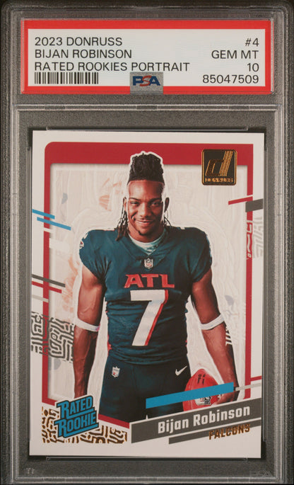 Graded 2023 Panini Donruss Bijan Robinson #4 Rated Rookies Portrait Rookie RC Football Card PSA 10 Gem Mint
