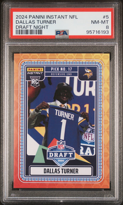 Graded 2024 Panini Instant NFL Dallas Turner #5 Draft Night Rookie RC Football Card PSA 8 Near Mint