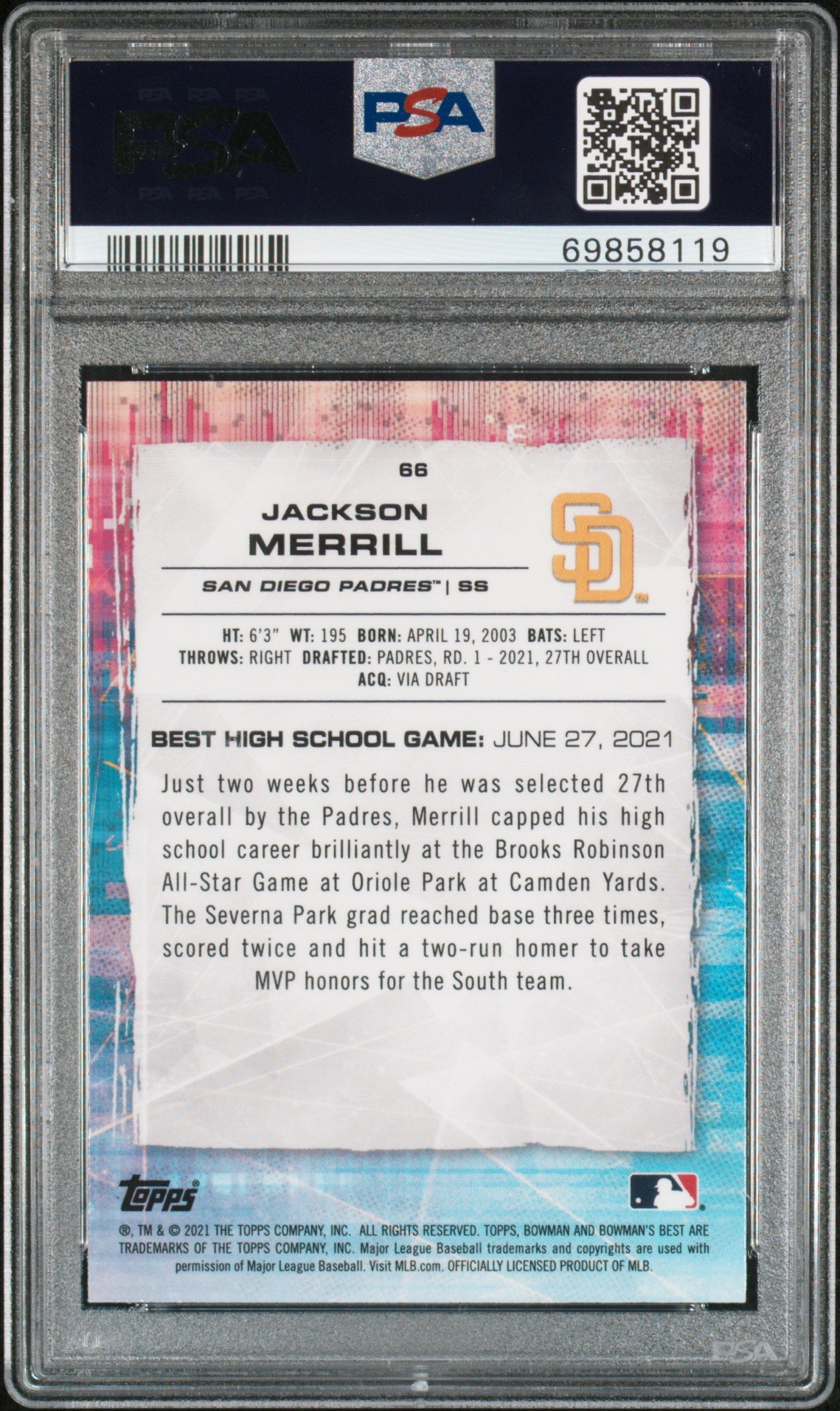 Graded 2021 Topps Bowmans Best Jackson Merrill #66 Atomic Refractor Rookie RC Baseball Card PSA 10 Gem Mint
