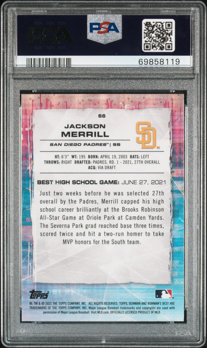 Graded 2021 Topps Bowmans Best Jackson Merrill #66 Atomic Refractor Rookie RC Baseball Card PSA 10 Gem Mint