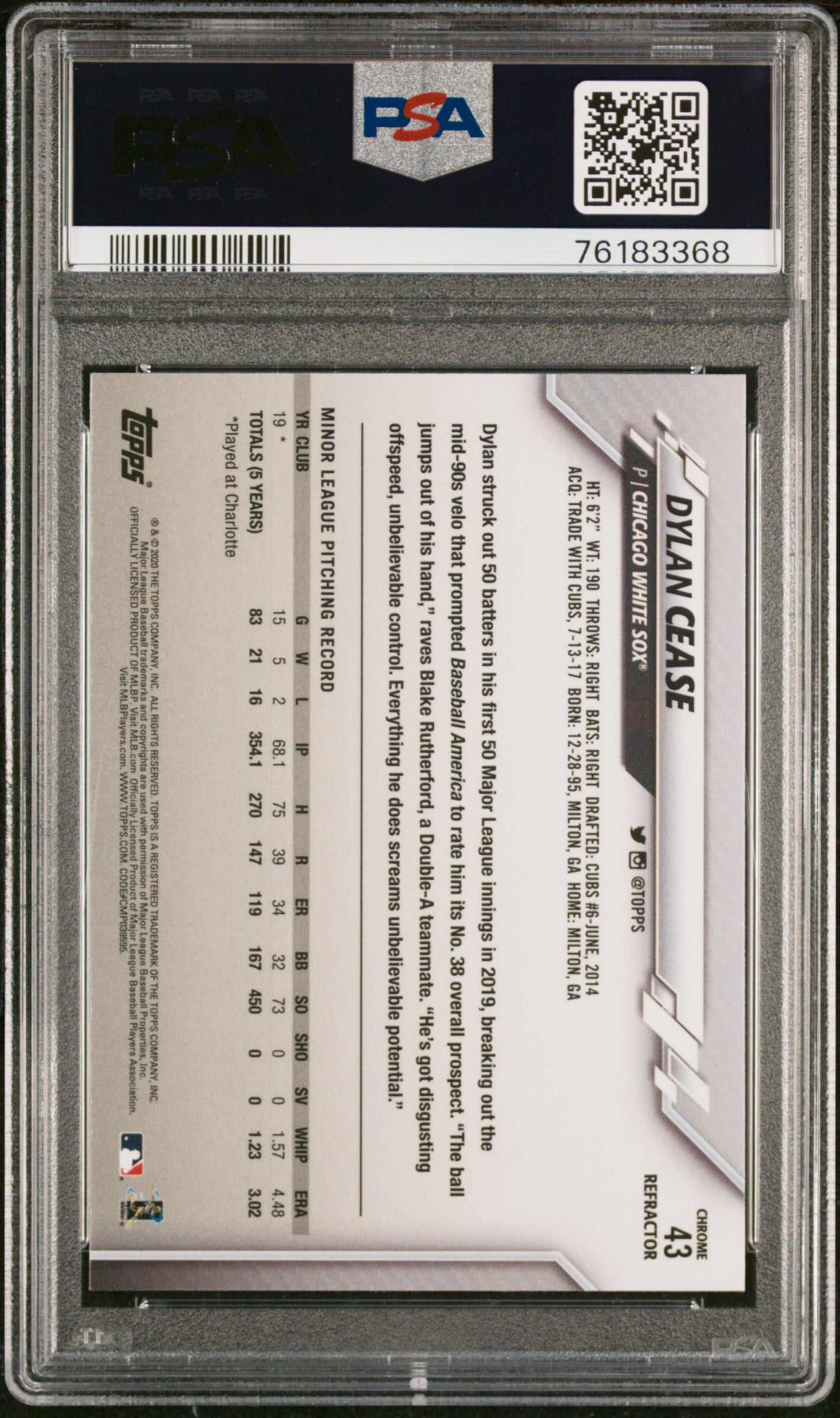 Graded 2020 Topps Chrome Dylan Cease #43 Refractor Rookie RC Baseball Card PSA 10 Gem Mint