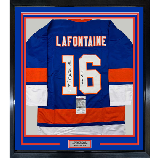 Framed Autographed/Signed Pat Lafontaine 35x39 HOF 03 New York Blue Hockey Jersey JSA COA
