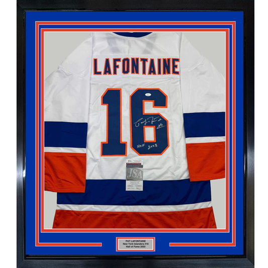 Framed Autographed/Signed Pat Lafontaine HOF 03 35x39 New York White Hockey Jersey JSA COA