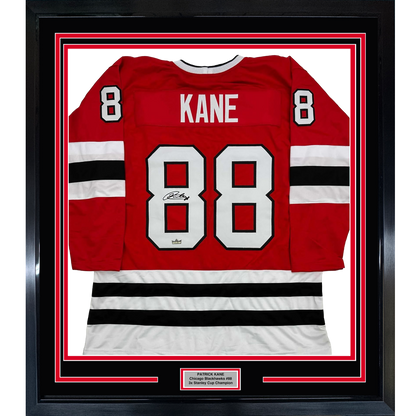 Framed Facsimile Autographed Patrick Kane 35x39 Chicago Red Reprint Laser Auto Hockey Jersey
