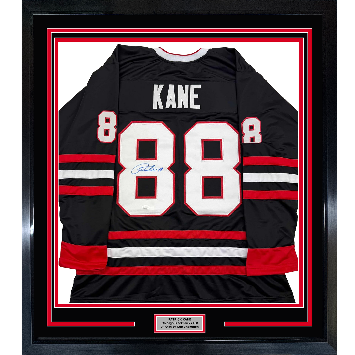Framed Autographed/Signed Patrick Kane 35x39 Chicago Black Hockey Jersey JSA COA