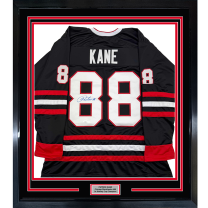 Framed Autographed/Signed Patrick Kane 35x39 Chicago Black Hockey Jersey JSA COA