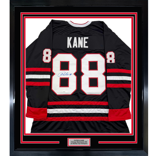 Framed Autographed/Signed Patrick Kane 35x39 Chicago Black Hockey Jersey JSA COA