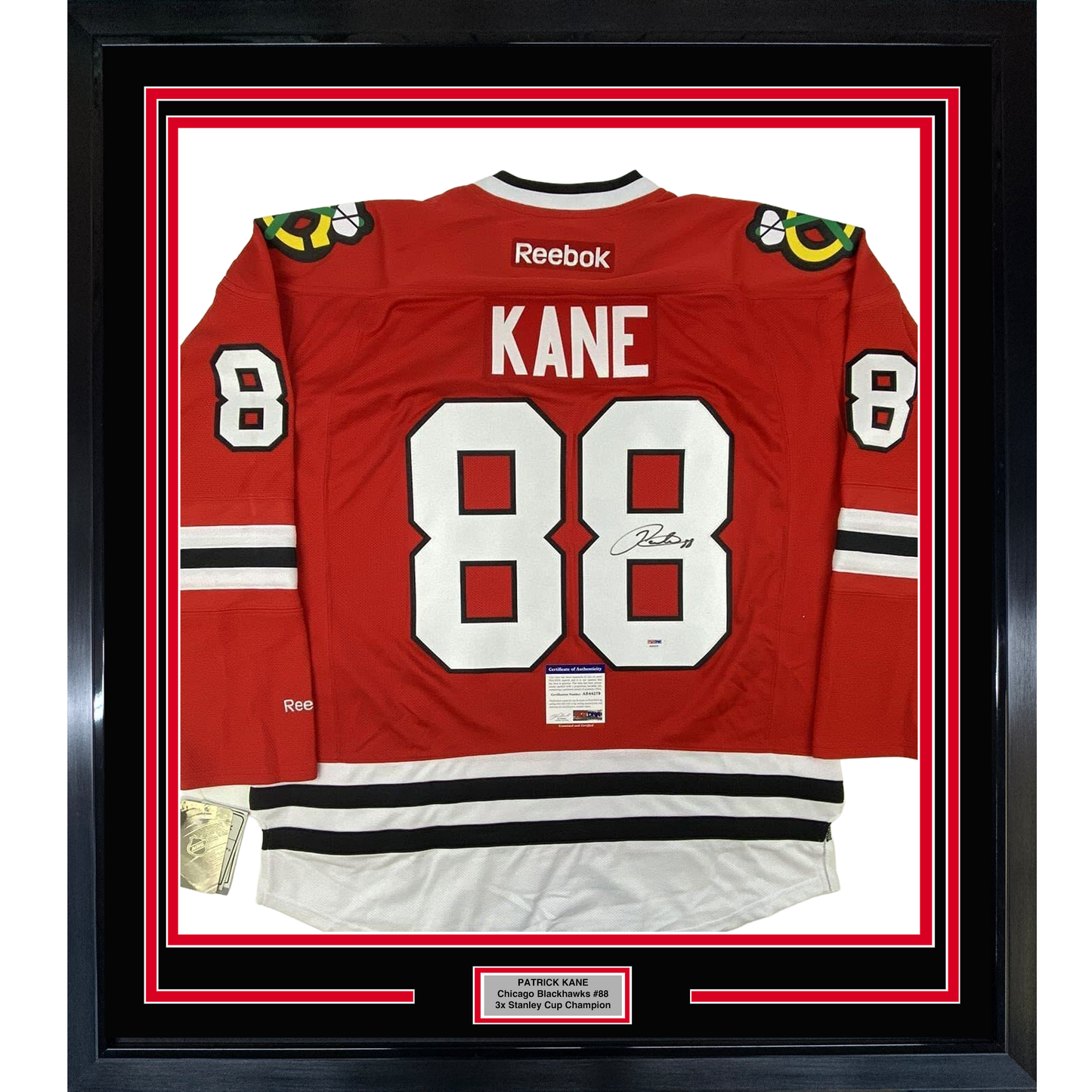 Framed Autographed/Signed Patrick Kane 35x39 Chicago Blackhawks Red Hockey Jersey PSA/DNA COA