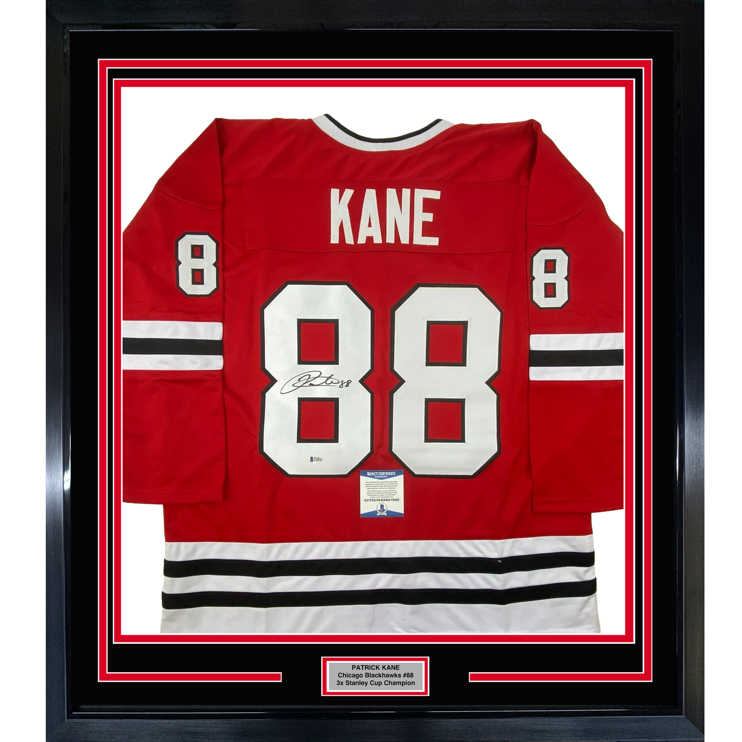 Framed Autographed/Signed Patrick Kane 35x39 Chicago Red Hockey Jersey Beckett BAS COA