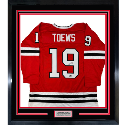Framed Facsimile Autographed Jonathan Toews 35x39 Chicago Red Reprint Laser Auto Hockey Jersey