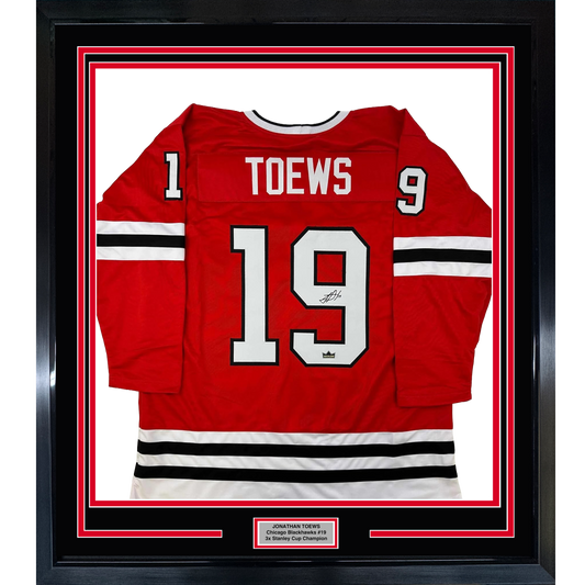 Framed Facsimile Autographed Jonathan Toews 35x39 Chicago Red Reprint Laser Auto Hockey Jersey