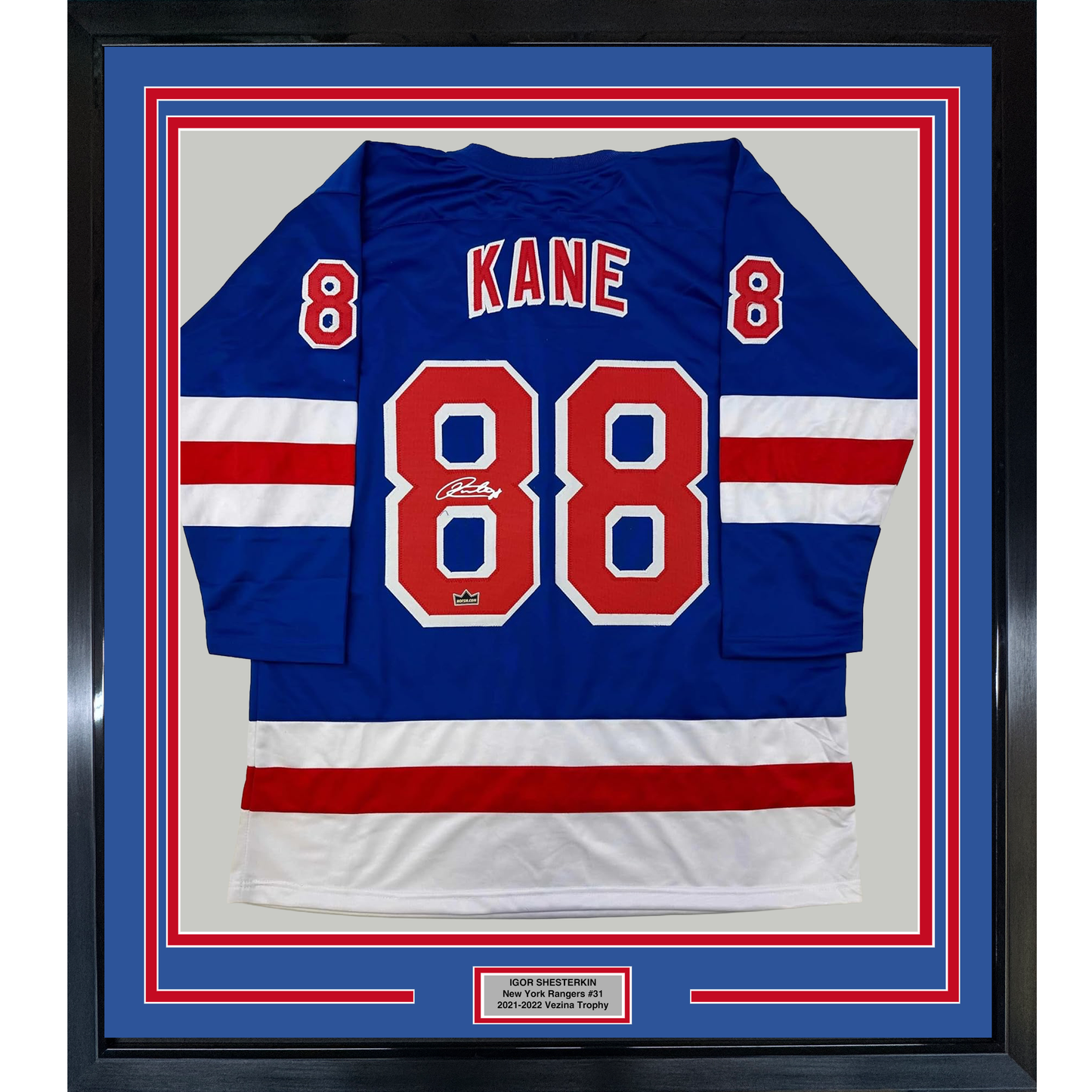 Framed Facsimile Autographed Patrick Kane 35x39 New York Blue Reprint Laser Auto Hockey Jersey