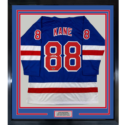 Framed Facsimile Autographed Patrick Kane 35x39 New York Blue Reprint Laser Auto Hockey Jersey