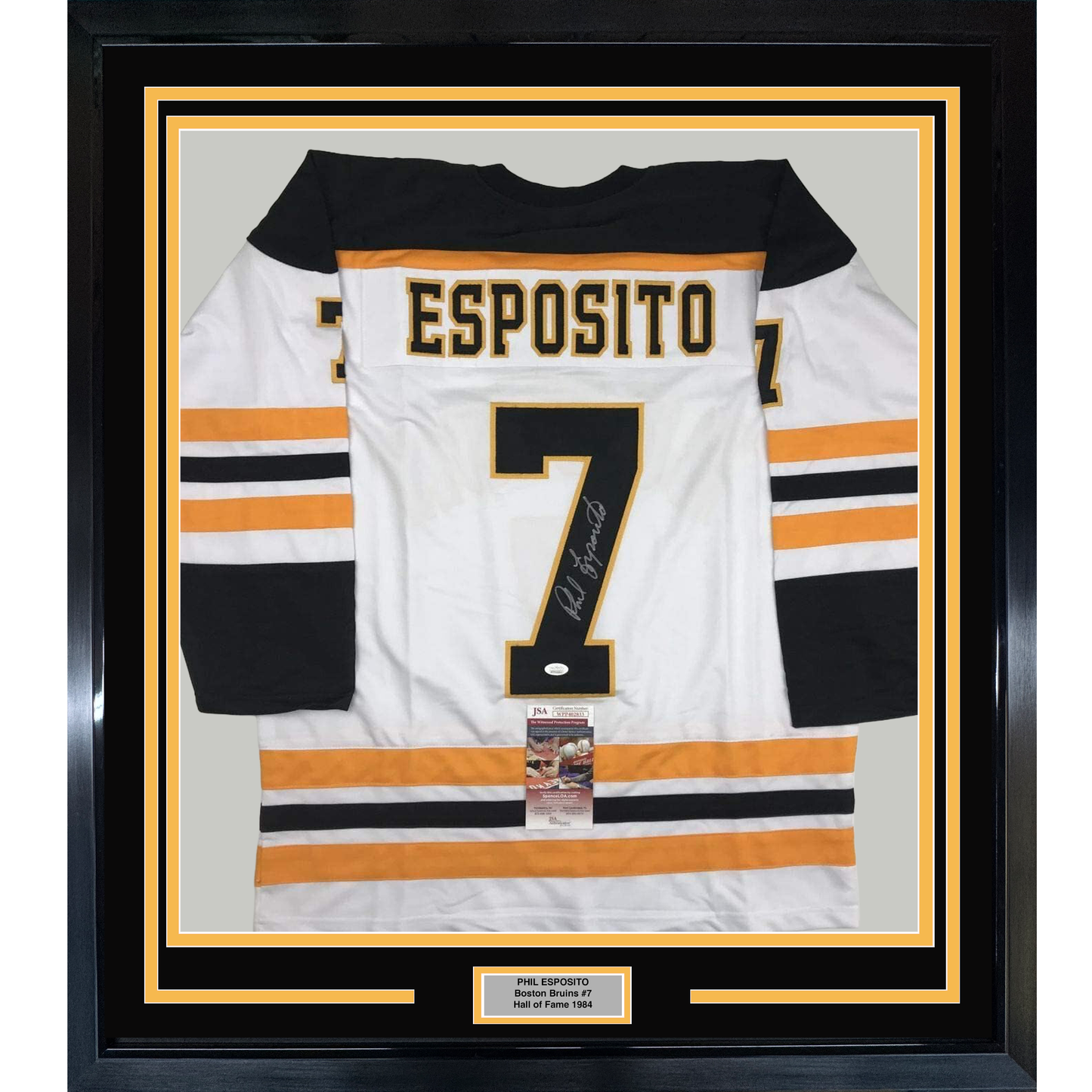 Framed Autographed/Signed Phil Esposito 35x39 Boston White Hockey Jersey JSA COA