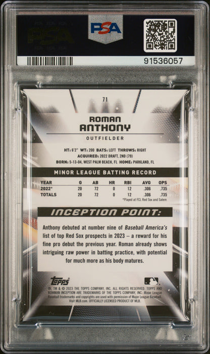 Graded 2023 Topps Bowman Inception Roman Anthony #71 Rookie RC Baseball Card PSA 10 Gem Mint