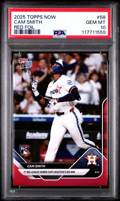 Graded 2025 Topps Now Cam Smith #58 Red Foil /5 Rookie RC Baseball Card PSA 10 Gem Mint