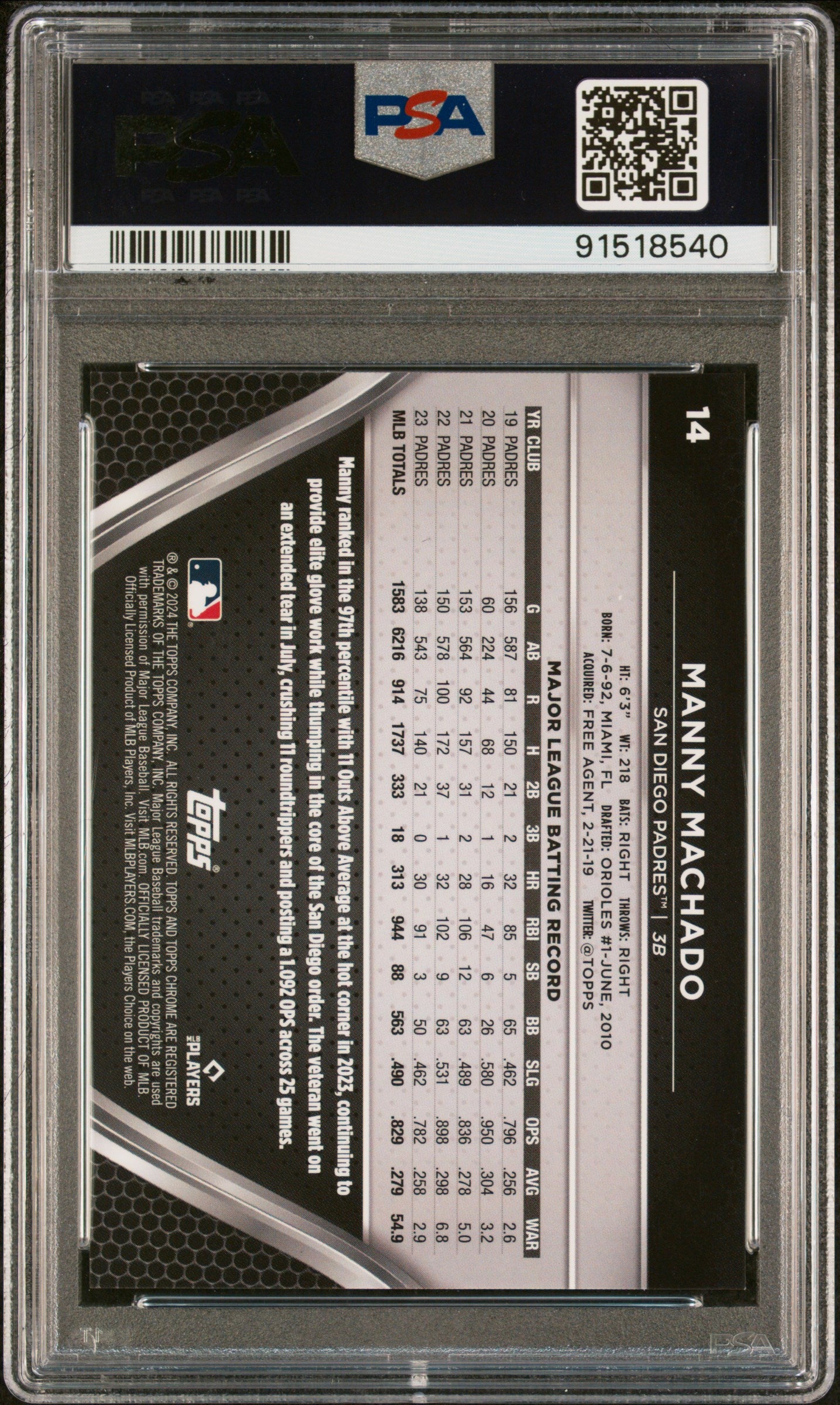 Graded 2024 Topps Chrome Black Manny Machado #14 Orange #/25 Baseball Card PSA 10 Gem Mint