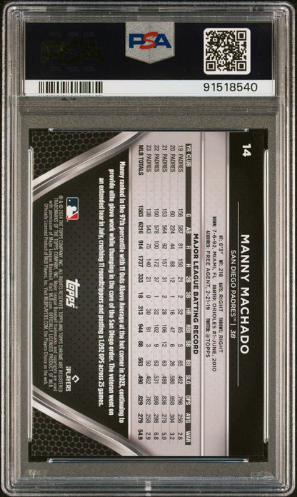 Graded 2024 Topps Chrome Black Manny Machado #14 Orange #/25 Baseball Card PSA 10 Gem Mint