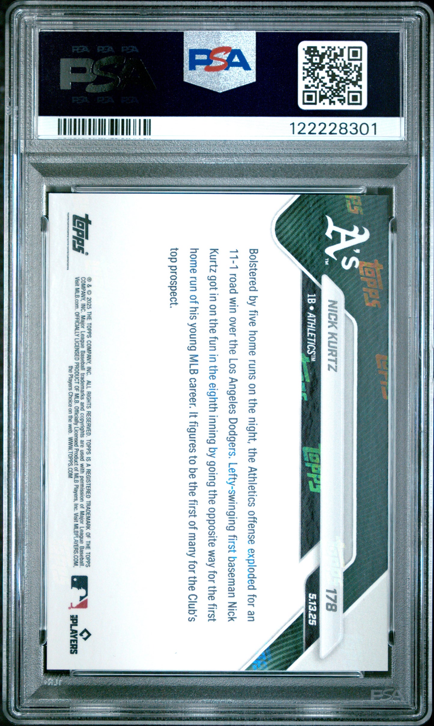 Graded 2025 Topps Now Nick Kurtz #178 Athletics Top Prospect Clubs 1st MLB HR Rookie RC Baseball Card PSA 10 Gem Mint