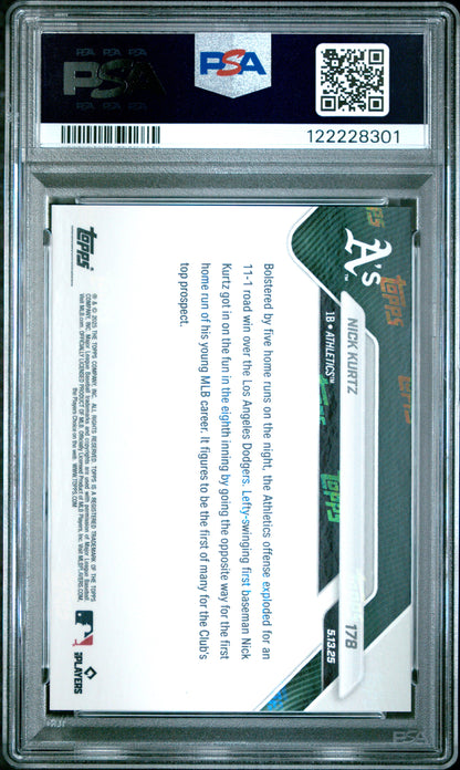 Graded 2025 Topps Now Nick Kurtz #178 Athletics Top Prospect Clubs 1st MLB HR Rookie RC Baseball Card PSA 10 Gem Mint