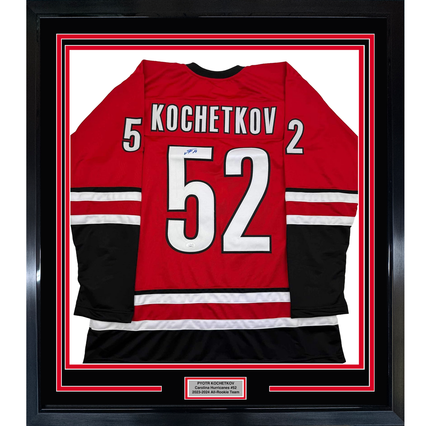 Framed Autographed/Signed Pyotr Kochetkov 35x39 Carolina Red Hockey Jersey JSA COA