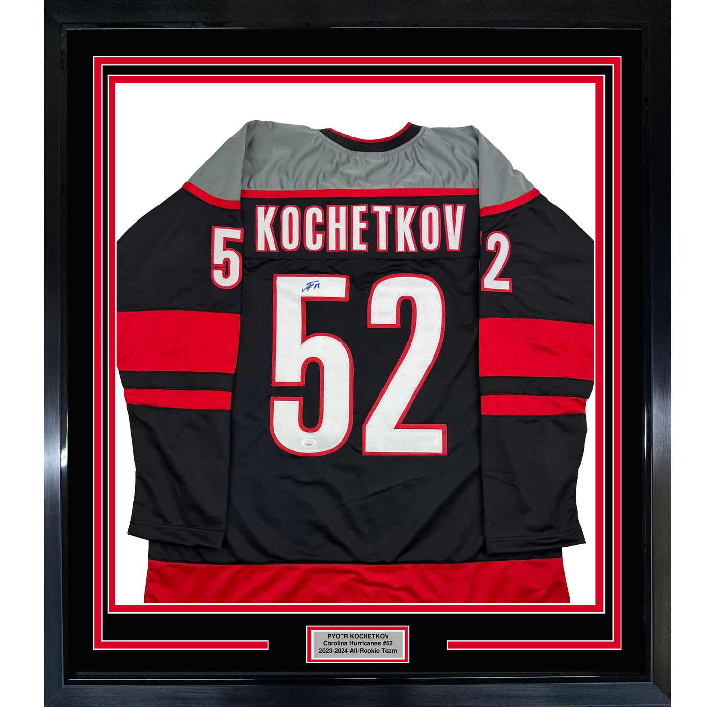 Framed Autographed/Signed Pyotr Kochetkov 35x39 Carolina Black Hockey Jersey JSA COA