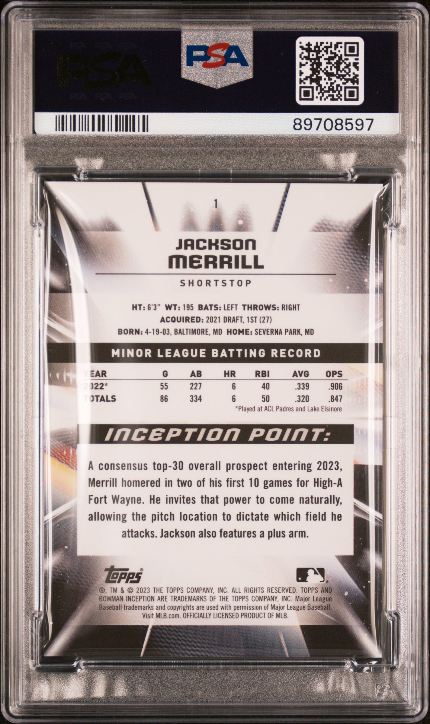 Graded 2023 Topps Bowman Inception Jackson Merrill #1 Rookie RC Baseball Card PSA 10 Gem Mint