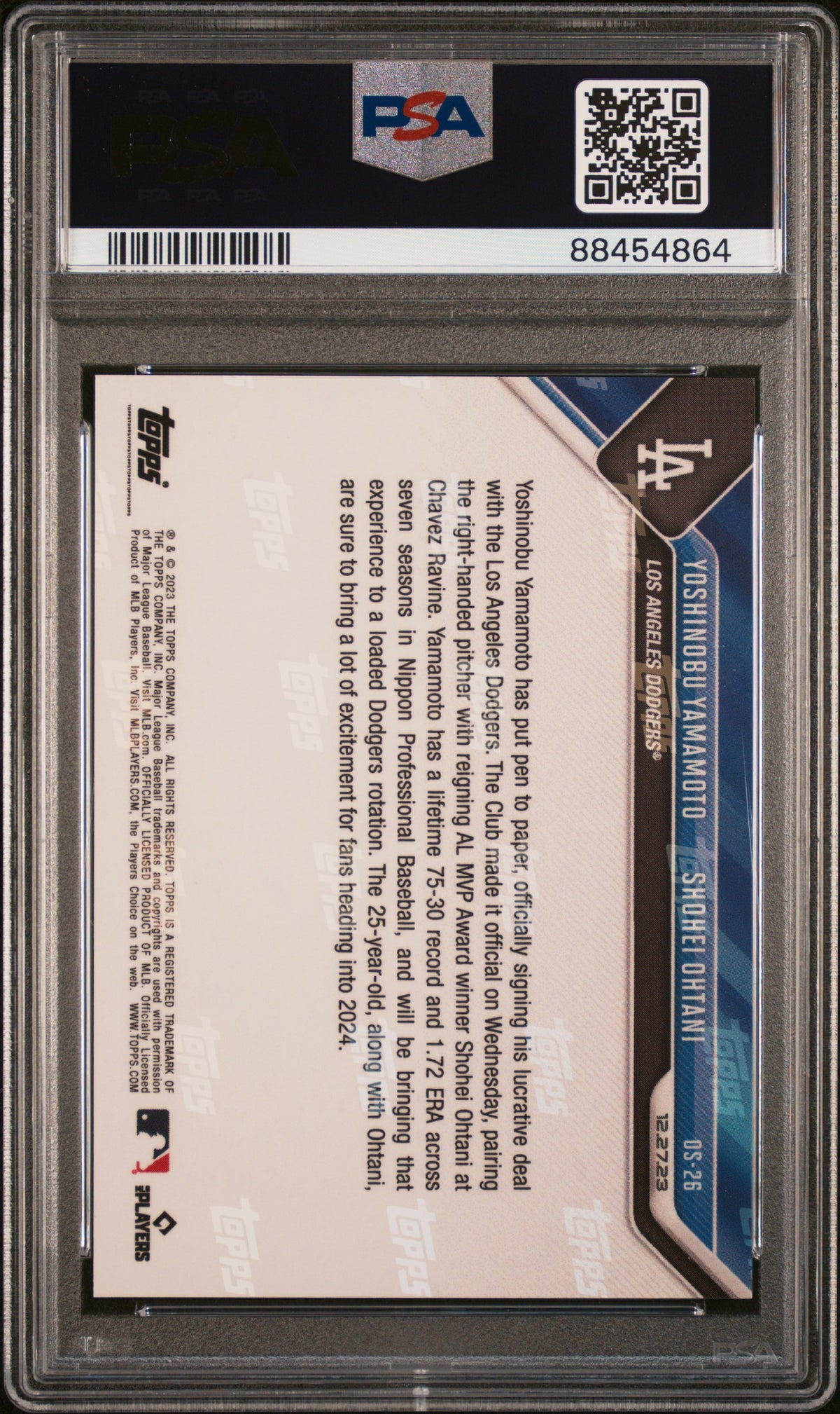 Graded 2023 Topps Now Yoshinobu Yamamoto/Shohei Ohtani #OS26 Offseason Rookie RC Baseball Card PSA 9 Mint