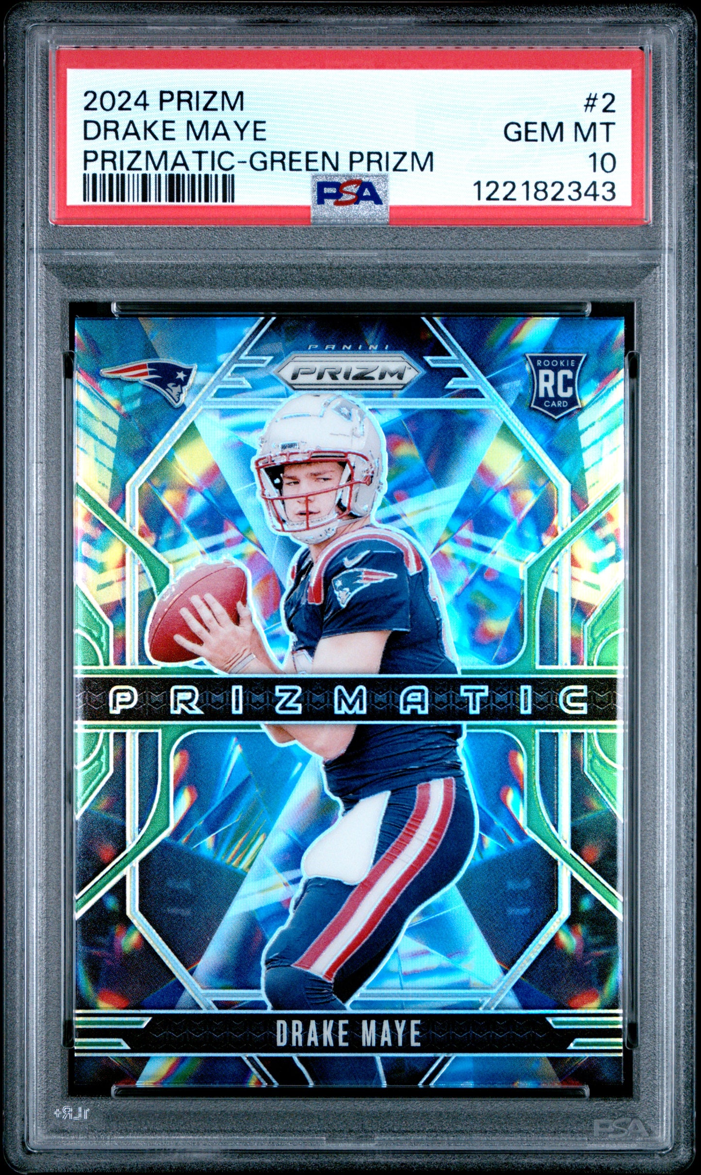 Graded 2024 Panini Prizm Drake Maye #2 Prizmatic Green Prizm Rookie RC Football Card PSA 10 Gem Mint