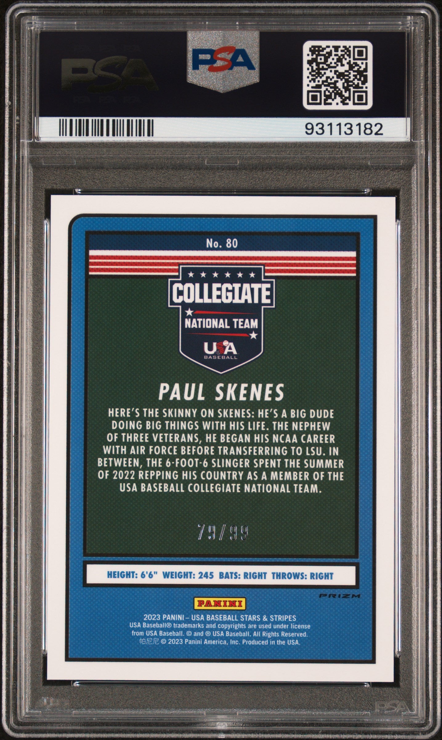 Graded 2023 Panini Stars & Stripes USA Paul Skenes #80 White #/99 Rookie RC Baseball Card PSA 10 Gem Mint