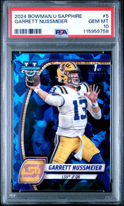 Graded 2024 Topps Bowman U Sapphire Garrett Nussmeier #5 Rookie RC Football Card PSA 10 Gem Mint