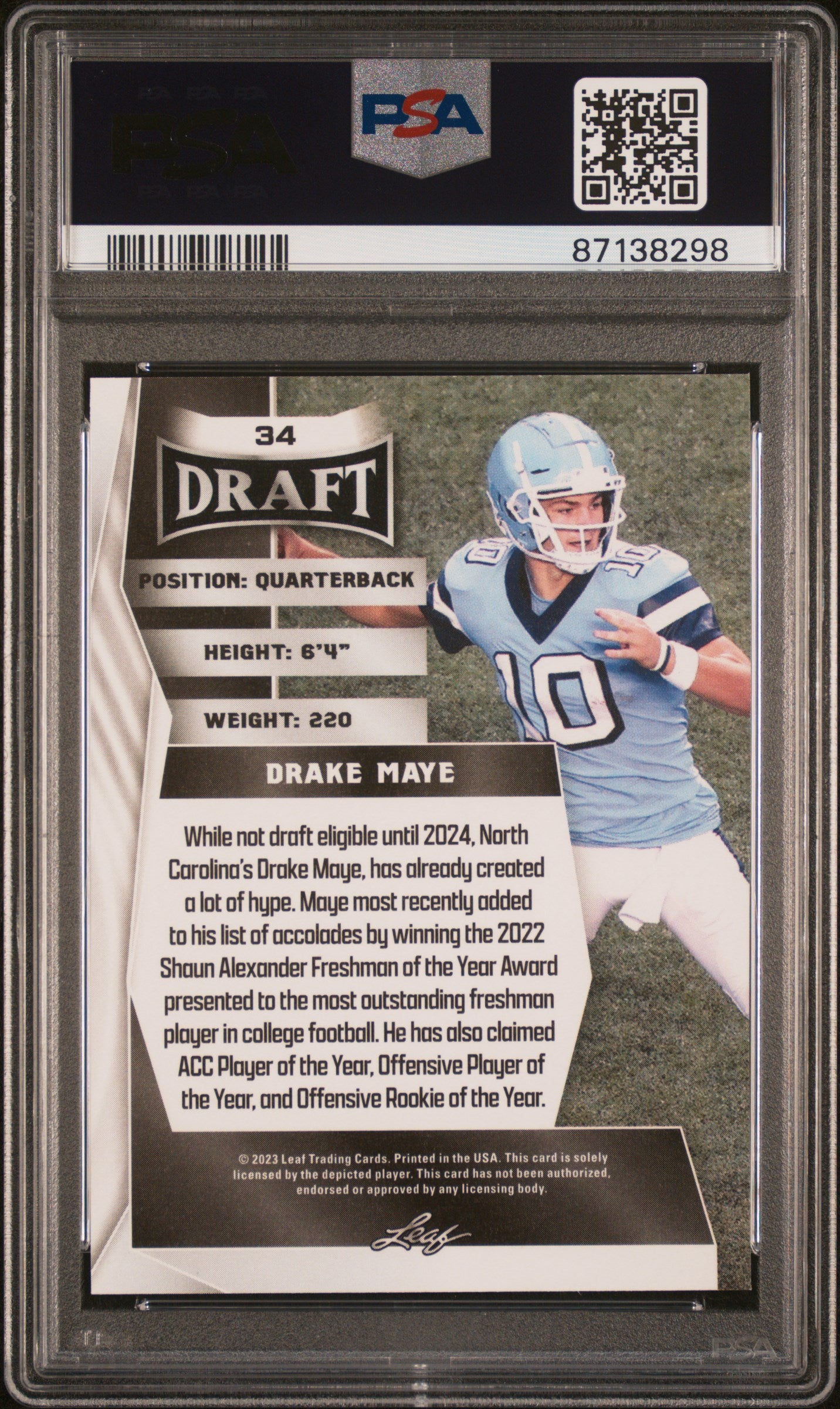 Graded 2023 Leaf Draft Drake Maye #34 Rookie RC Football Card PSA 10 Gem Mint