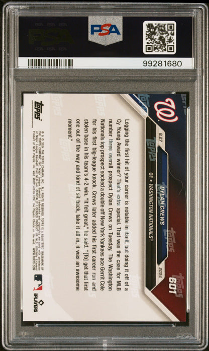 Graded 2024 Topps Now Dylan Crews #601 MLB Number 3 Prospect Logs 1st Hit, SB & Run Rookie RC Baseball Card PSA 10 Gem Mint
