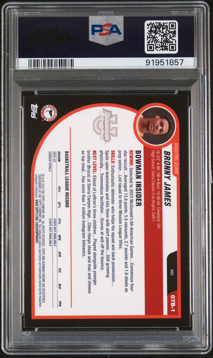 Graded 2023 Topps Bowman U Chrome Bronny James #07B1 2007-08 Bowman Rookie RC Basketball Card PSA 10 Gem Mint