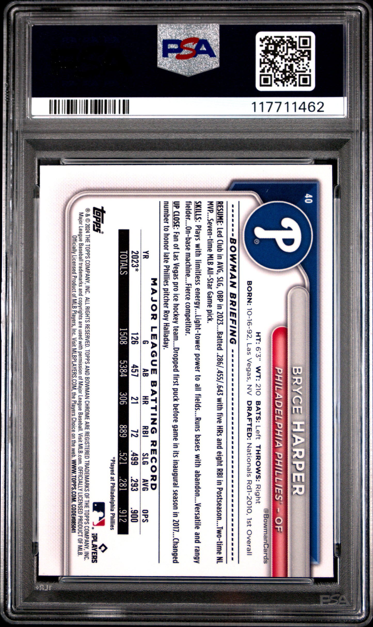 Graded 2024 Topps Bowman Chrome Bryce Harper #40 Baseball Card PSA 8 Near Mint