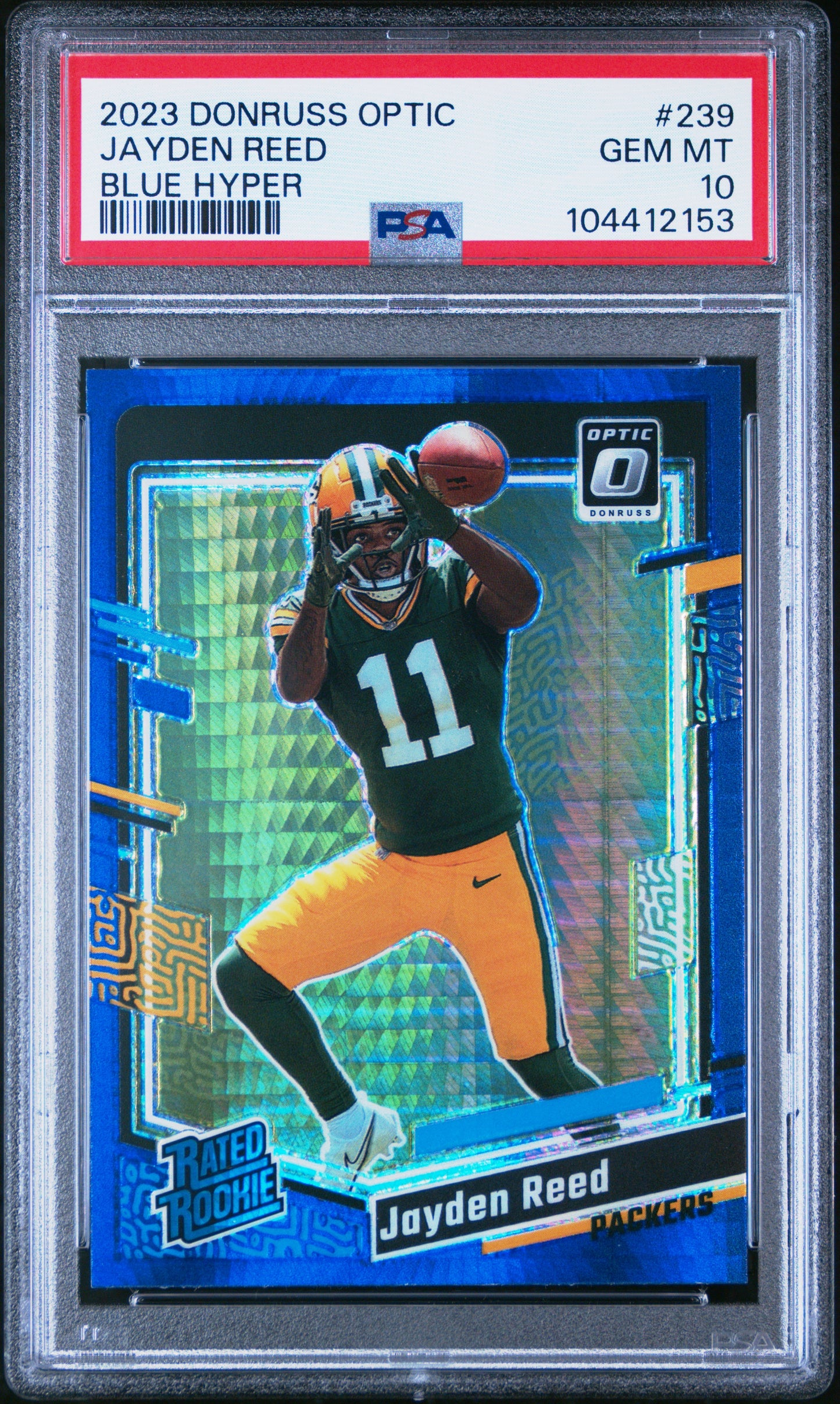 Graded 2023 Panini Donruss Optic Jayden Reed #239 Blue Hyper Rookie RC Football Card PSA 10 Gem Mint
