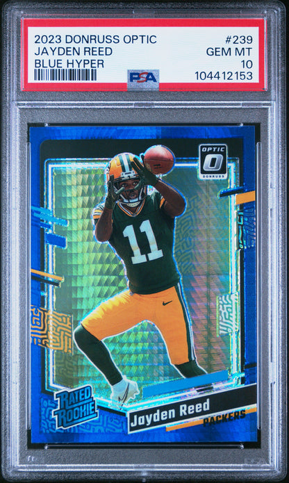 Graded 2023 Panini Donruss Optic Jayden Reed #239 Blue Hyper Rookie RC Football Card PSA 10 Gem Mint