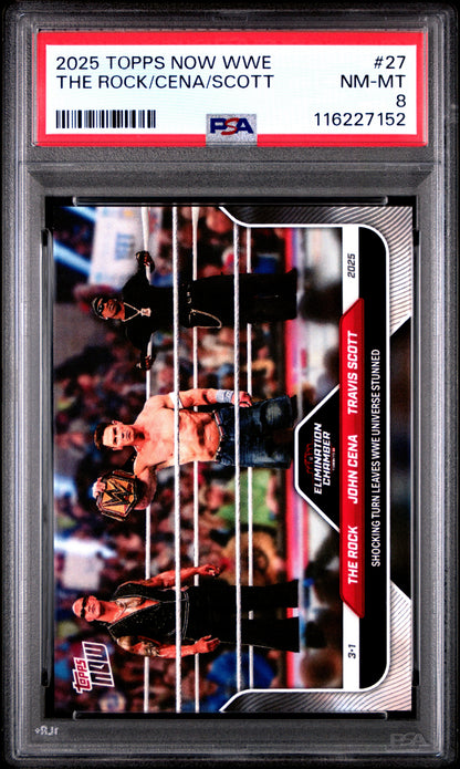 Graded 2025 Topps Now WWE The Rock John Cena Travis Scott #27 Wrestling Card PSA 8 Near Mint