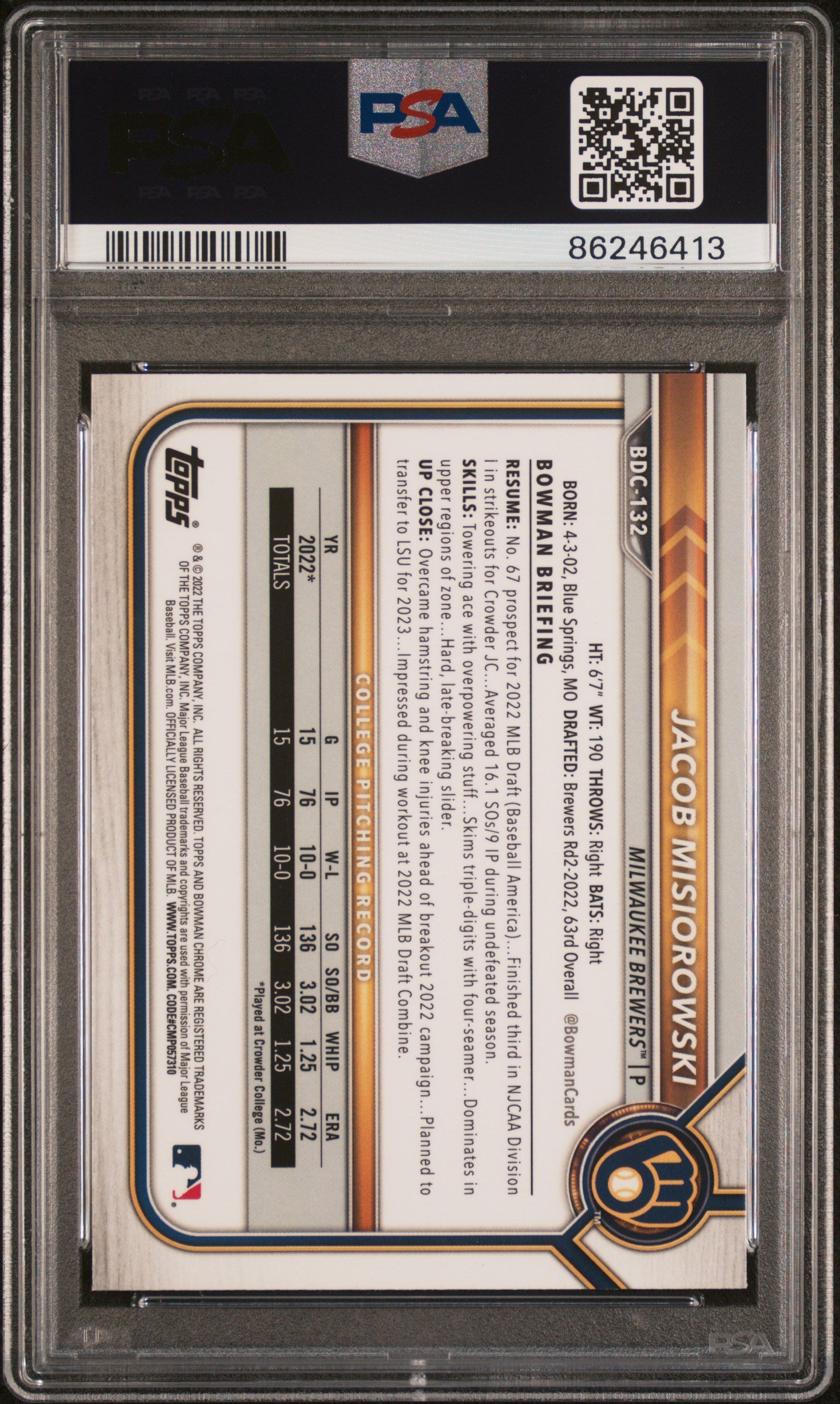 Graded 2022 Topps Bowman Draft Jacob Misiorowski #BDC132 Chrome Rookie RC Baseball Card PSA 10 Gem Mint