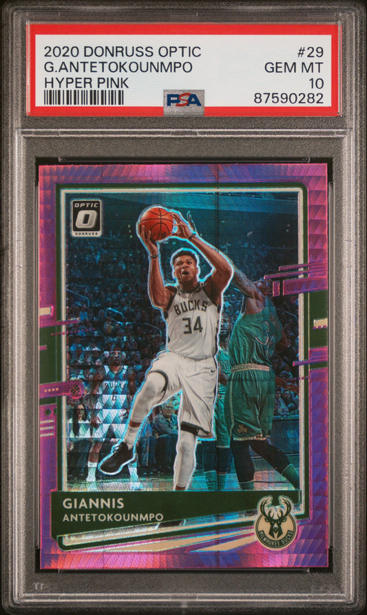 Graded 2020 Panini Donruss Optic Giannis Antetokounmpo #29 Hyper Pink Basketball Card PSA 10 Gem Mint