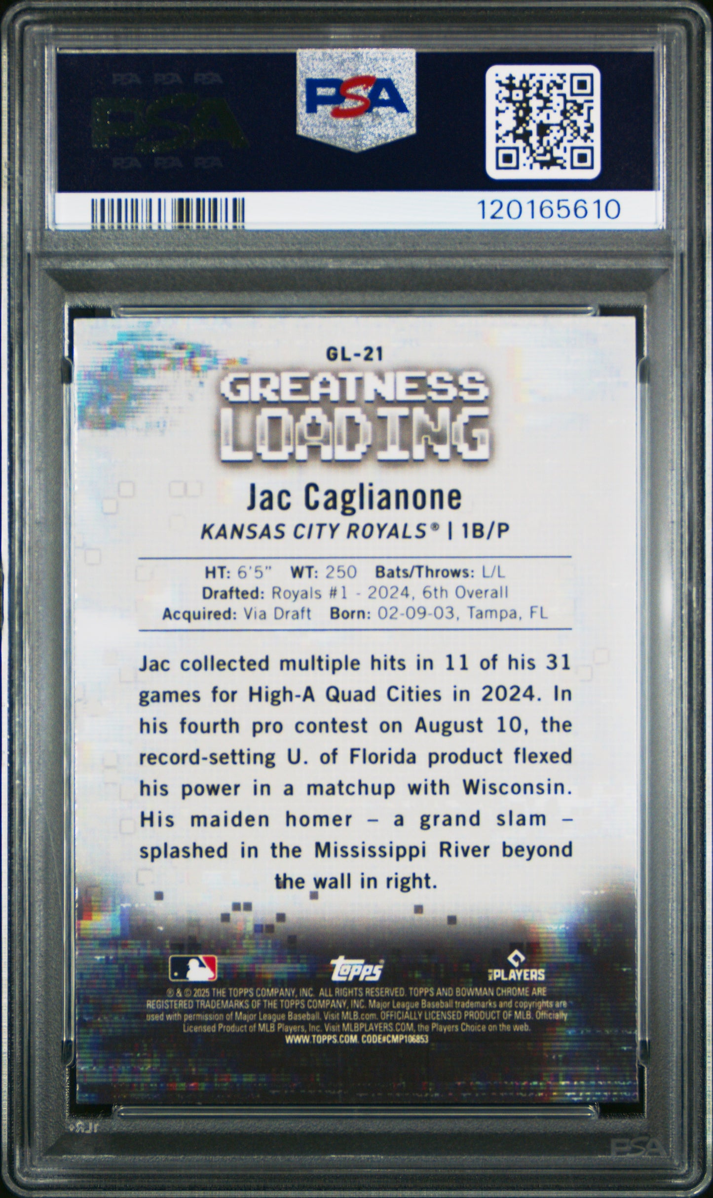 Graded 2025 Topps Bowman Jac Caglianone #GL21 Greatness Loading Rookie RC Baseball Card PSA 10 Gem Mint